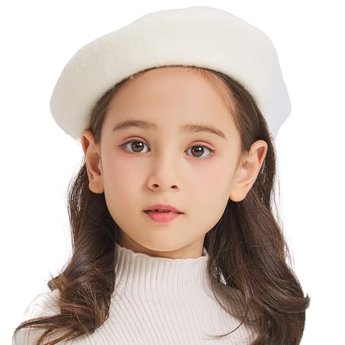 ZLYC Wool Kids Beret Hat Girls Solid Color Artist French Beret Cap, Solid White - Image 1