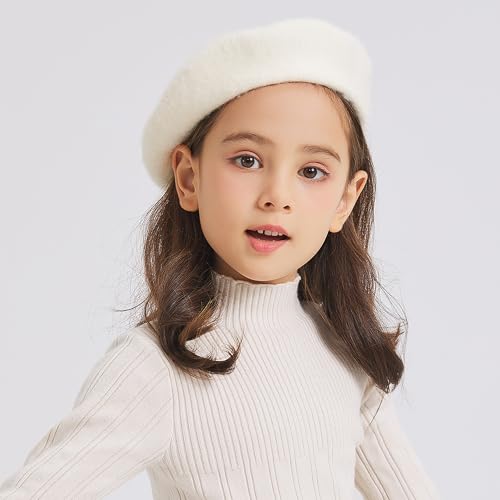 ZLYC Wool Kids Beret Hat Girls Solid Color Artist French Beret Cap, Solid White - Image 2