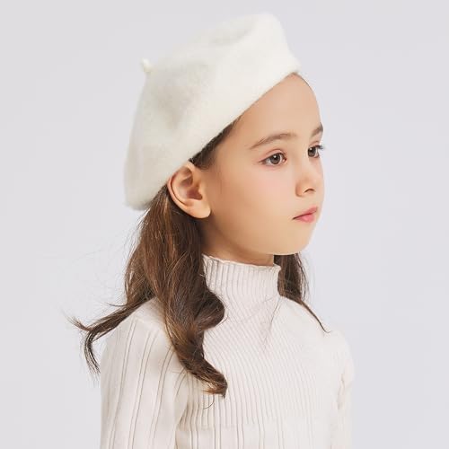 ZLYC Wool Kids Beret Hat Girls Solid Color Artist French Beret Cap, Solid White - Image 3
