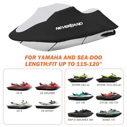 NEVERLAND Waterproof Jet Ski Cover - Compatible with Yamaha Seadoo Kawasaki, Jet Ski Covers 2 3 Seater UV Resistant 210D Heavy Duty Cover with 2 Air Vents Suitable for 2 3 Seater Lengths 115'' to 120" - Image 2