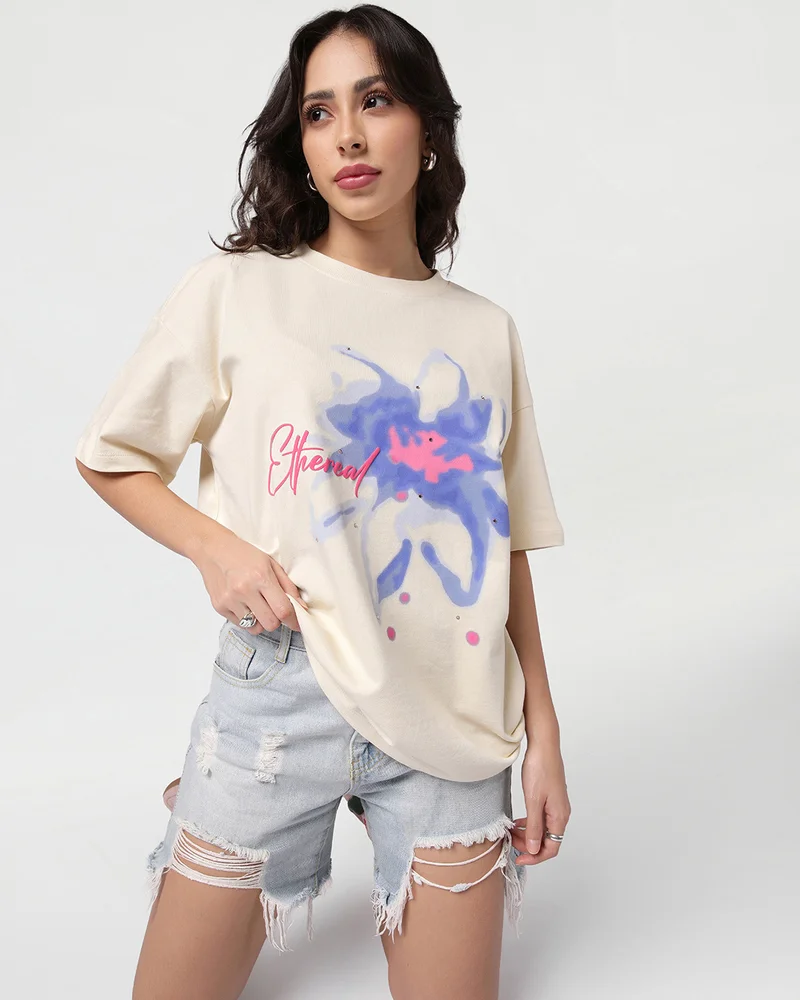 Women's Beige Ethereal Graphic Printed Oversized T-shirt