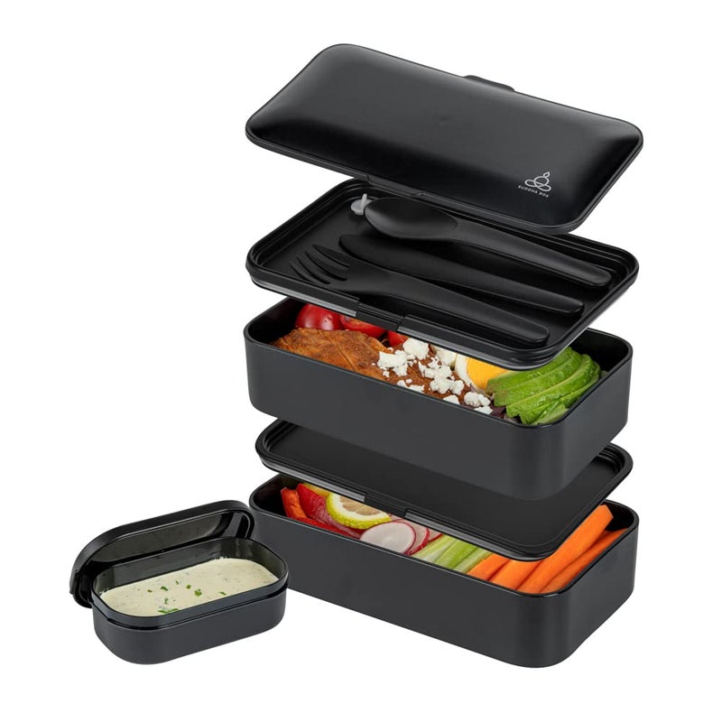 Restaurantware Bento Tek 405 Ounces Stackable Lunch Box 1 Reusable Adult Lunch Container  With Utensils Included Sauce Cup Black Plastic Layered Lunch Box Microwavable Dishwashable