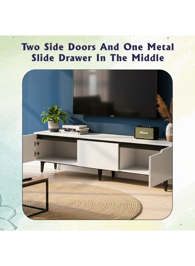 RIGID Modern White TV Stand with Storage | MDF Wood Entertainment Center with Two Side Doors & Metal Slide Drawer, Media Console Cabinet Unit, - Image 3
