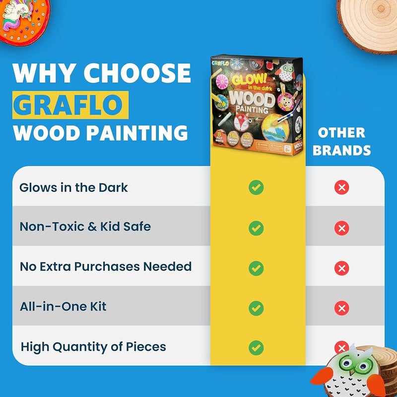 GRAFLO Kids Wooden Painting Kit – Glow in the Dark Arts & Crafts Set, Creative DIY Craft Activity Toy Gift for Boys & Girls Ages 6–12, Fun Paint Your Own Wooden Art Kit - Image 2