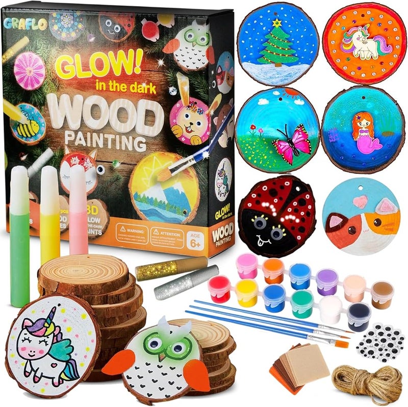 GRAFLO Kids Wooden Painting Kit – Glow in the Dark Arts & Crafts Set, Creative DIY Craft Activity Toy Gift for Boys & Girls Ages 6–12, Fun Paint Your Own Wooden Art Kit - Image 1