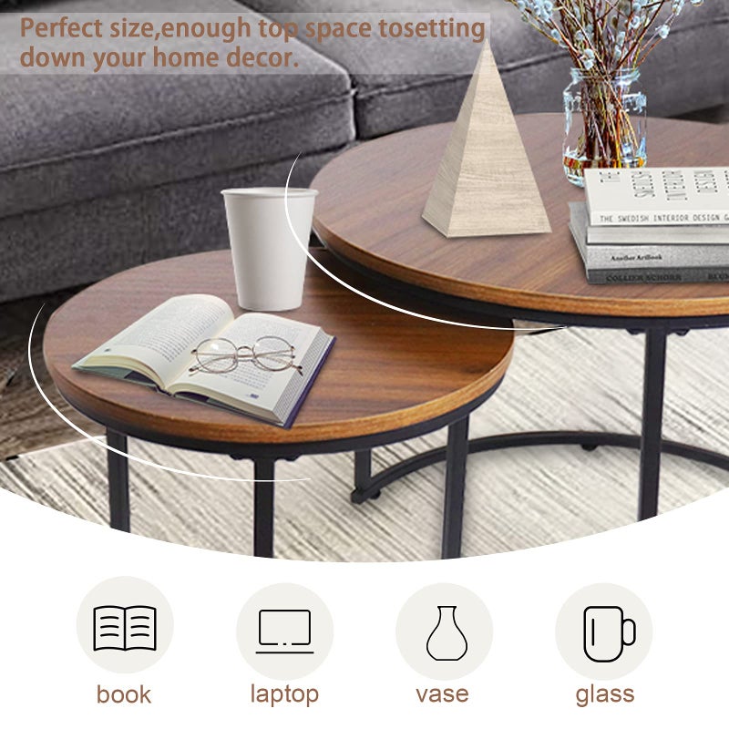 aboxoo Coffee Table Nesting Side Round Set of 2 End Table Top Sturdy Metal Frame Desk Centerpiece Living Room Bedroom Apartment Modern Industrial Simple Nightstand - Image 4
