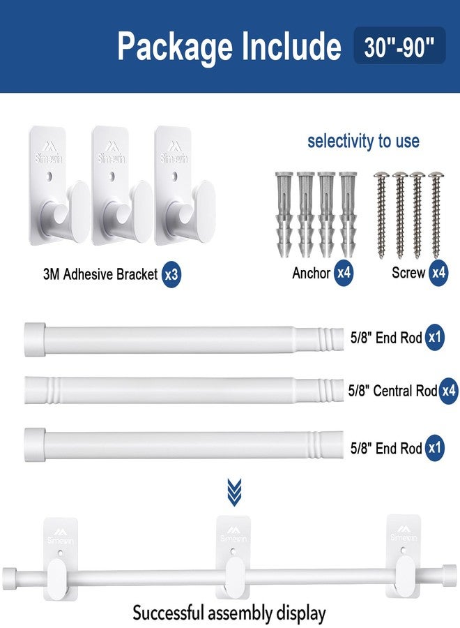 SIMEWIN Curtain Rods No Drilling for Windows 30 to 90 Inches,5/8 Inch Diameter No Drill Small Curtain Rod Set with 3M Adhesive Brackets, White - Image 5