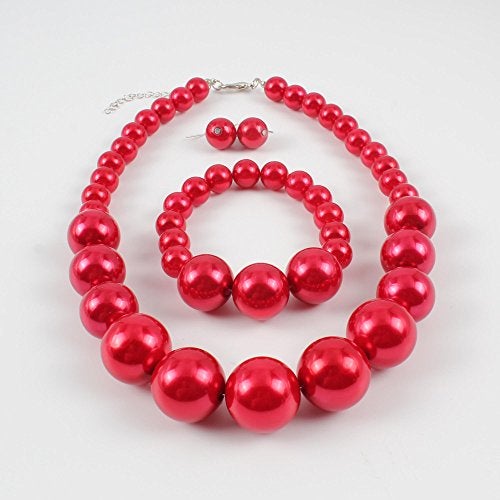 KOSMOS-LI Women's Large Big Simulated Red Pearl Statement 19" Necklace Bracelet and Earrings Jewelry Set - Image 5
