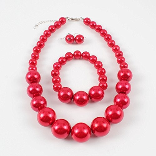 KOSMOS-LI Women's Large Big Simulated Red Pearl Statement 19" Necklace Bracelet and Earrings Jewelry Set - Image 4