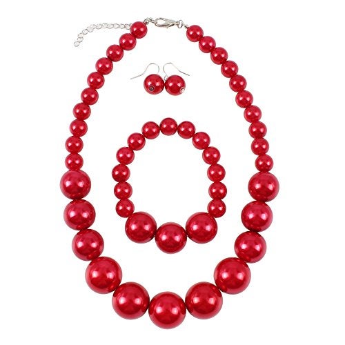 KOSMOS-LI Women's Large Big Simulated Red Pearl Statement 19" Necklace Bracelet and Earrings Jewelry Set - Image 1