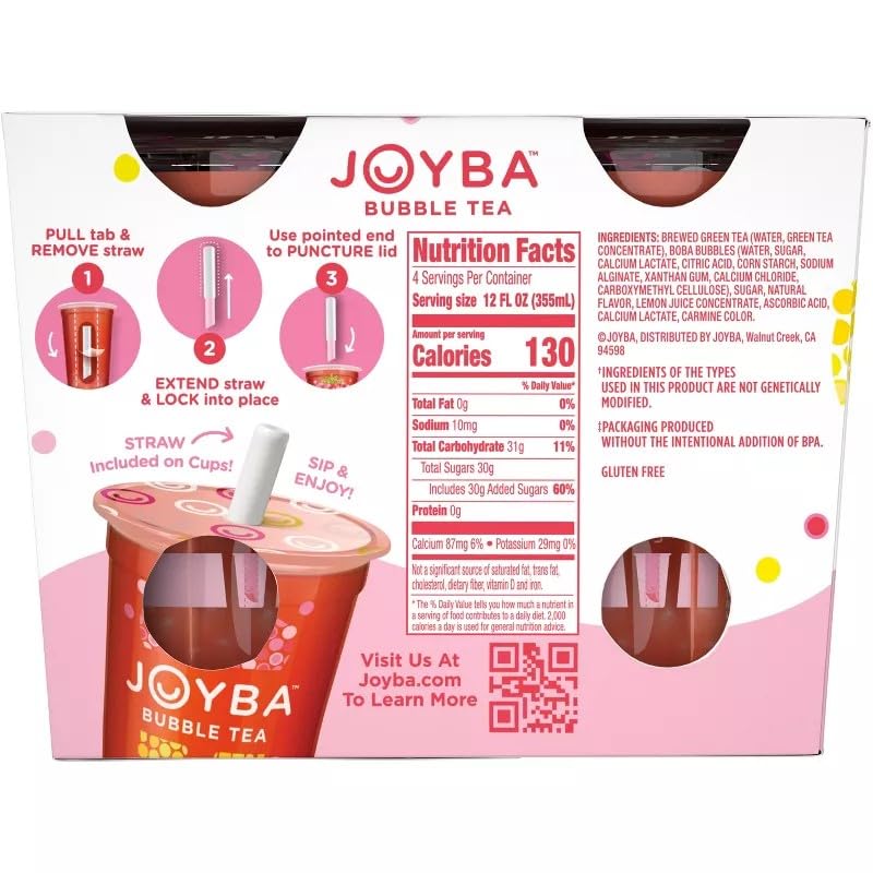 Joyba Strawberry Lemonade Green Tea Bubble Tea, 12 fl oz Cup (Pack of 4) - Image 3
