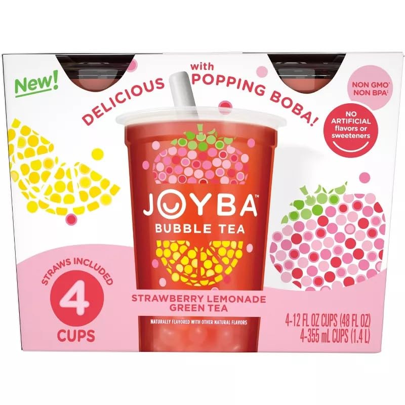 Joyba Strawberry Lemonade Green Tea Bubble Tea, 12 fl oz Cup (Pack of 4) - Image 1