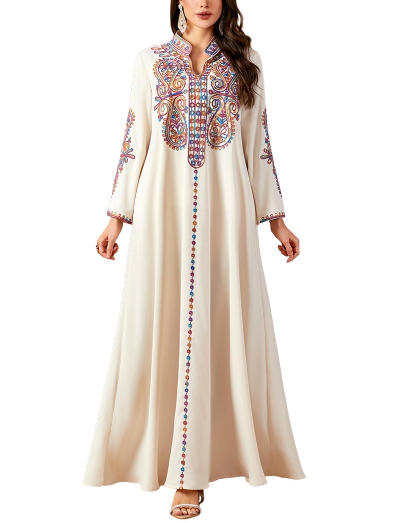 OBEEII Women Muslim Abayas Islamic Long Sleeve Floral Embroidery Sequin Maxi Dress Ramadan Eid Loose Morocco Dubai Robe Kaftan Elegant Turkey Muslim Prayer Dress Apricot M - Image 1