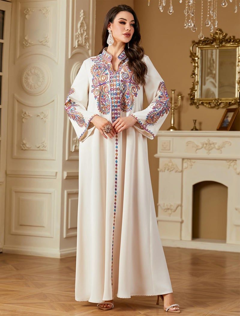 OBEEII Women Muslim Abayas Islamic Long Sleeve Floral Embroidery Sequin Maxi Dress Ramadan Eid Loose Morocco Dubai Robe Kaftan Elegant Turkey Muslim Prayer Dress Apricot M - Image 3