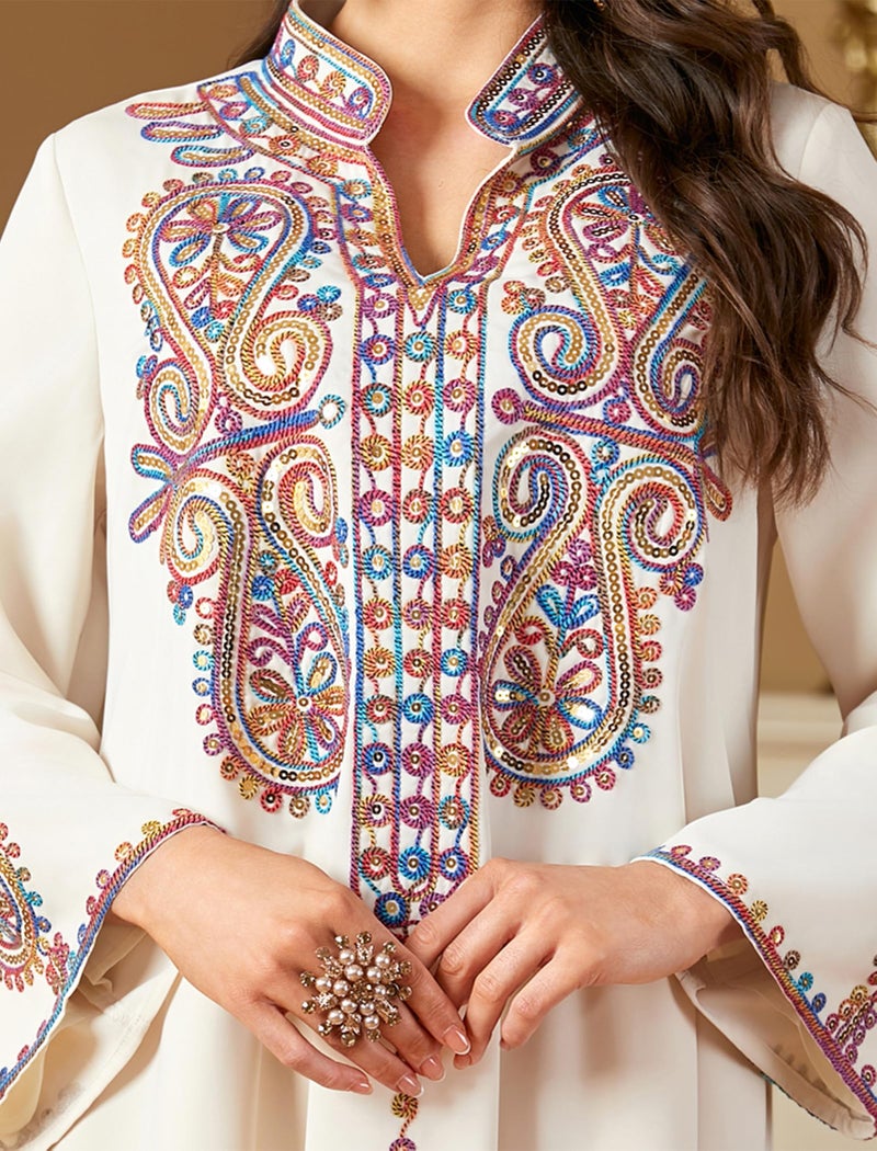 OBEEII Women Muslim Abayas Islamic Long Sleeve Floral Embroidery Sequin Maxi Dress Ramadan Eid Loose Morocco Dubai Robe Kaftan Elegant Turkey Muslim Prayer Dress Apricot M - Image 4