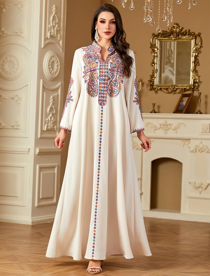 OBEEII Women Muslim Abayas Islamic Long Sleeve Floral Embroidery Sequin Maxi Dress Ramadan Eid Loose Morocco Dubai Robe Kaftan Elegant Turkey Muslim Prayer Dress Apricot M - Image 2