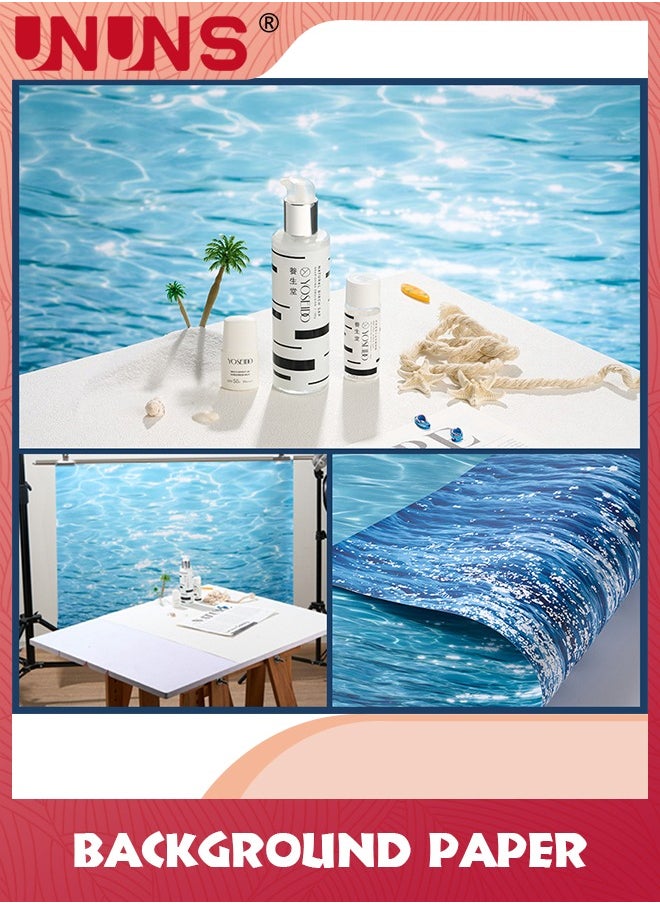 UNUNS 2Pcs Double Sided Photography Background,(87X57CM) 4 Patterns Blue Sea Water Ripple Waterproof Paper,Tabletop Backdrop for Food Jewelry Cosmetics Makeup Photo Shoot  - Image 2