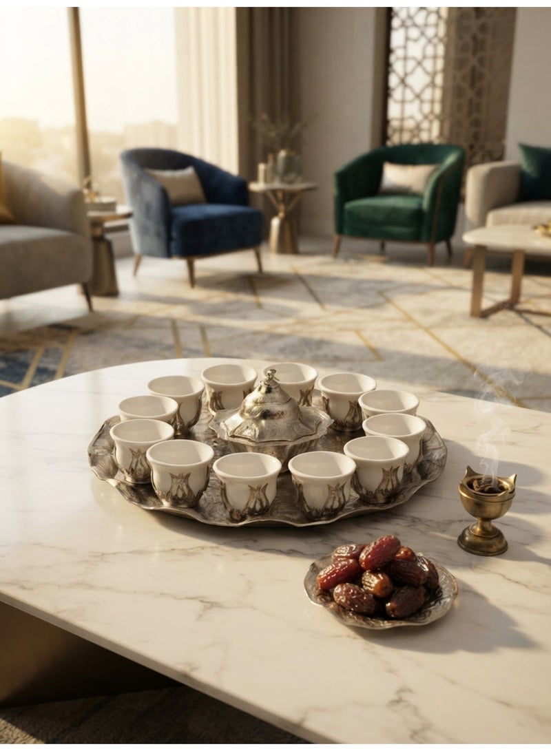 Acar Luxury Arabian Coffee Set for 12 with Tray, Glass Cups with Holders, and Covered Dates Pot in a Magical Ottoman Silver Touch – Made in Turkey - Image 1
