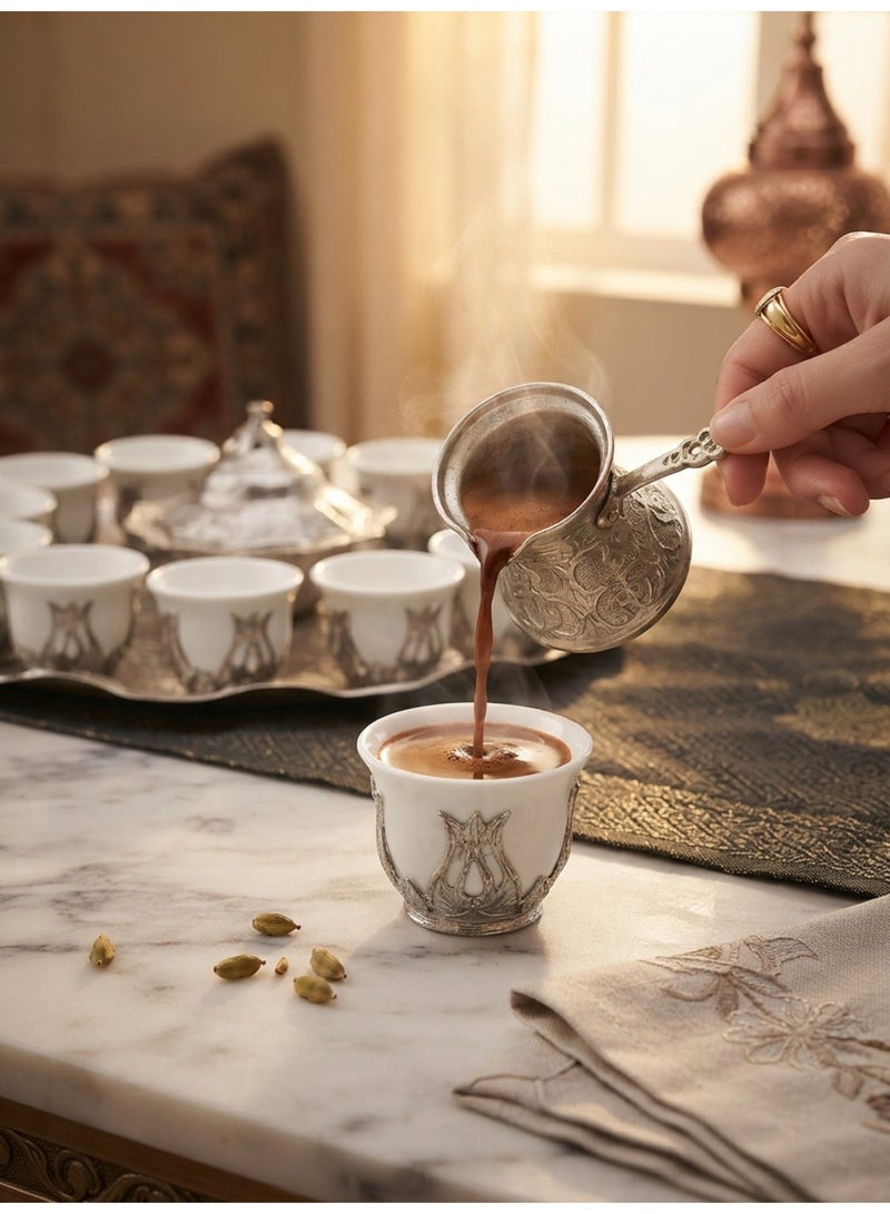 Acar Luxury Arabian Coffee Set for 12 with Tray, Glass Cups with Holders, and Covered Dates Pot in a Magical Ottoman Silver Touch – Made in Turkey - Image 2