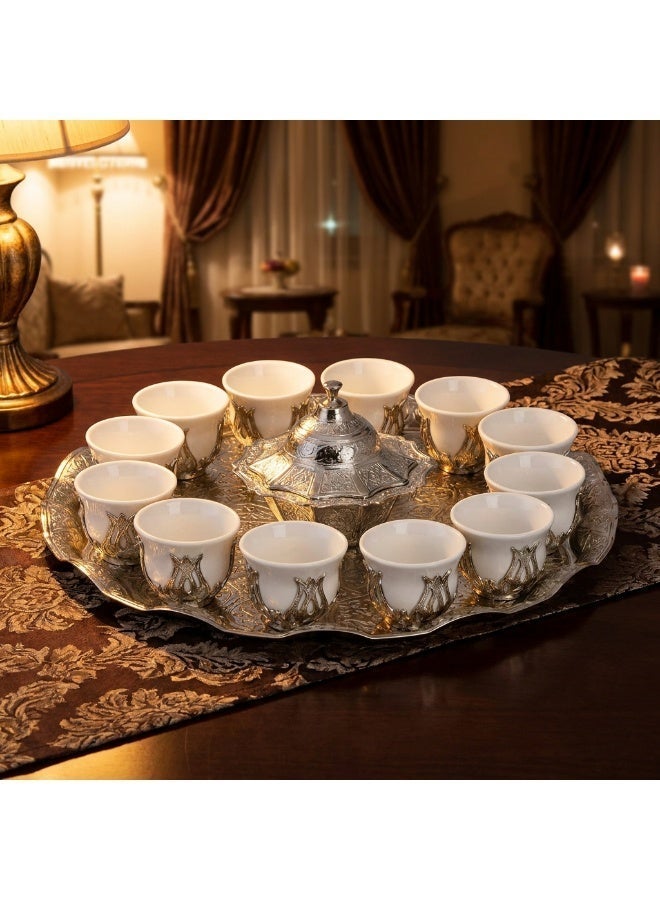 Acar Luxury Arabian Coffee Set for 12 with Tray, Glass Cups with Holders, and Covered Dates Pot in a Magical Ottoman Silver Touch – Made in Turkey - Image 5