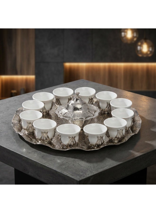 Acar Luxury Arabian Coffee Set for 12 with Tray, Glass Cups with Holders, and Covered Dates Pot in a Magical Ottoman Silver Touch – Made in Turkey - Image 4