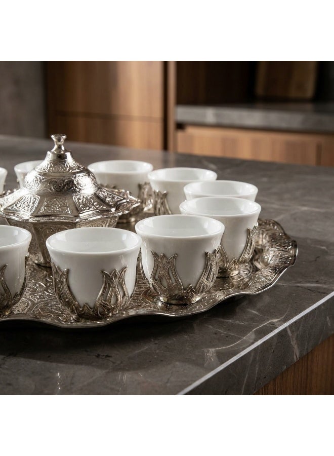 Acar Luxury Arabian Coffee Set for 12 with Tray, Glass Cups with Holders, and Covered Dates Pot in a Magical Ottoman Silver Touch – Made in Turkey - Image 3