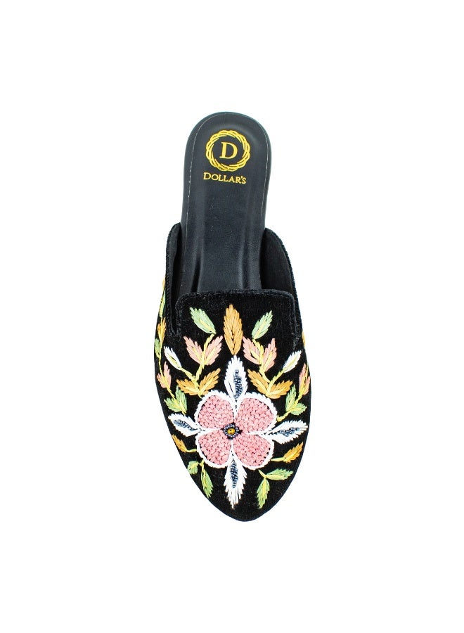 Dollar's Fashion Women's Velvet Mule Slippers with Floral Embroidery – Closed Toe Slip-On Flats for Casual Wear (Black) - Image 4