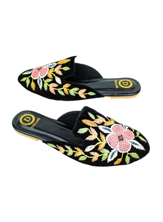 Dollar's Fashion Women's Velvet Mule Slippers with Floral Embroidery – Closed Toe Slip-On Flats for Casual Wear (Black) - Image 1