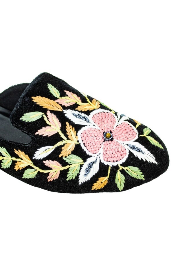 Dollar's Fashion Women's Velvet Mule Slippers with Floral Embroidery – Closed Toe Slip-On Flats for Casual Wear (Black) - Image 2