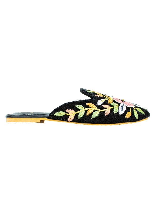 Dollar's Fashion Women's Velvet Mule Slippers with Floral Embroidery – Closed Toe Slip-On Flats for Casual Wear (Black) - Image 3