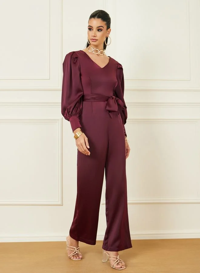 Styli Satin Wide Leg Jumpsuit with Self Tie
