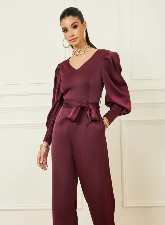 Styli Satin Wide Leg Jumpsuit with Self Tie