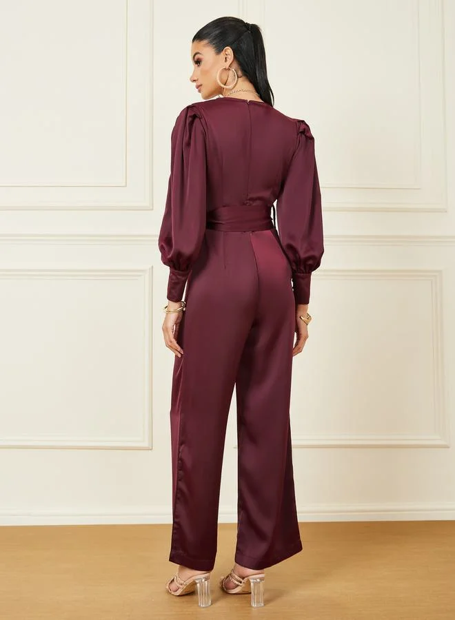 Styli Satin Wide Leg Jumpsuit with Self Tie