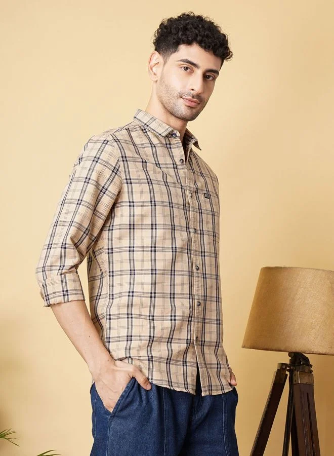 شركة المرآب الهندية Men Slim Fit Checkered Full Sleeves Spread Collar Casual Shirt