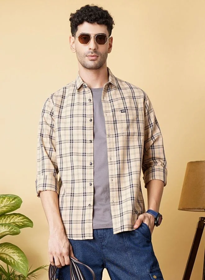 شركة المرآب الهندية Men Slim Fit Checkered Full Sleeves Spread Collar Casual Shirt
