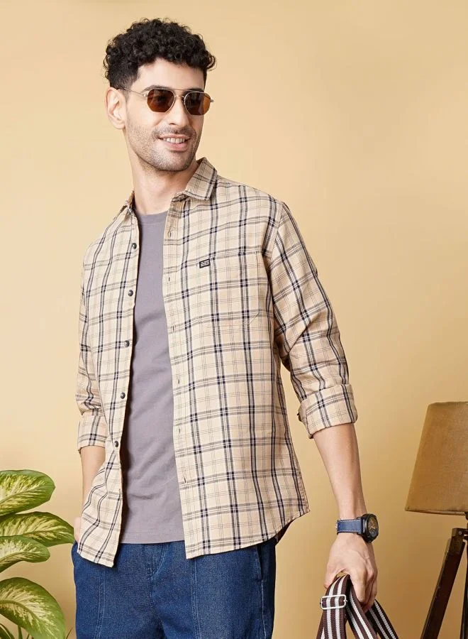 شركة المرآب الهندية Men Slim Fit Checkered Full Sleeves Spread Collar Casual Shirt