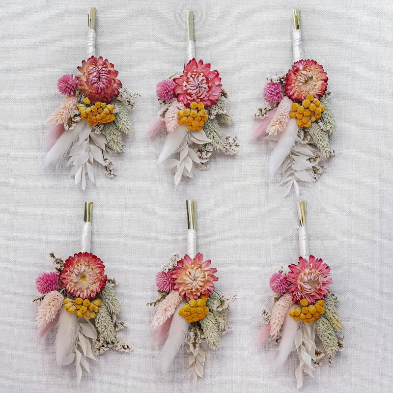 xin's convey Mini Dried Flower Bouquet (Pack of 6)  Dried Flower Bouquet for Bohemian Wedding Table Centerpieces  Dried Pampas Grass  Groom and Best Man Boutonnieres  Dried Cake Flowers. (Burgundy) - Image 1