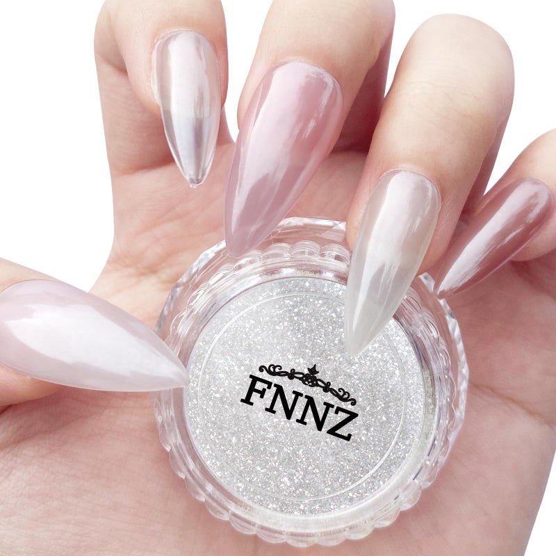 FNNZ White Chrome Nail Powder, Clear Glazed Donut Mermaid Aurora Nail Powder Pigment Pearlescent Nail Art Glitter Decoration for Home DIY Nail Salon Manicure - Glaze White - Image 1