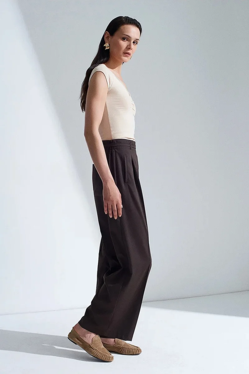 Dilvin Coffee Brown DILVIN Belted Wide-Leg Trousers for Women | Best Price UAE