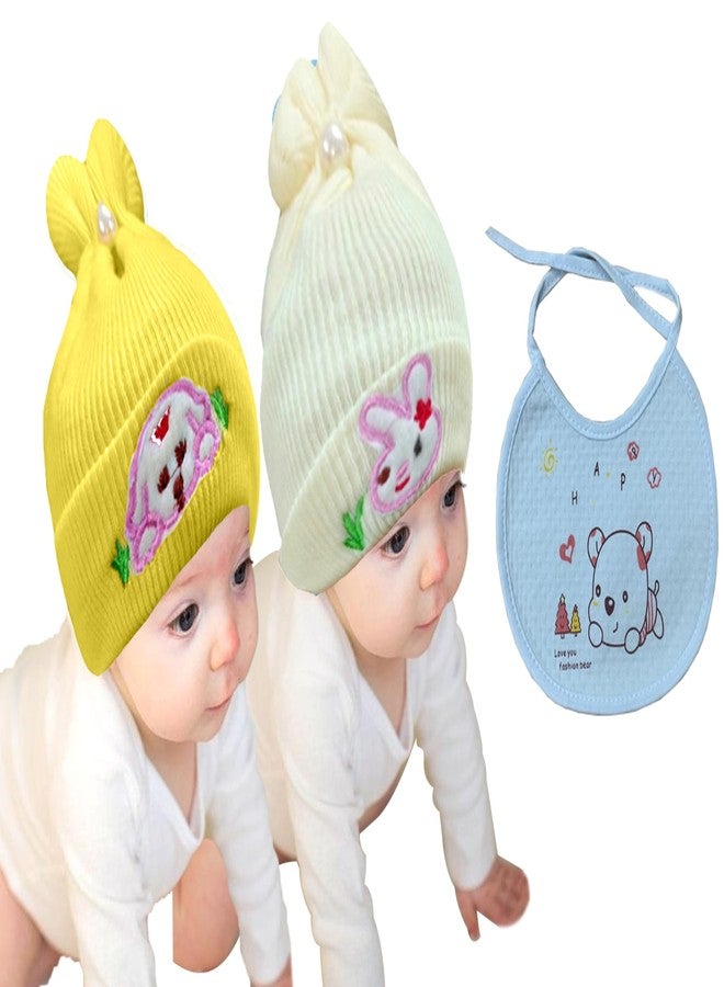COOL INDIANS Combo of Baby Winter Warm Cap & Bibs | New Born Baby Kid's Hat | Cotton Bibs/Apron with Titch Button I Woolen Cap for Kid's Boy's & Girl's (3-6 Months, Beige Yellow) - Image 1