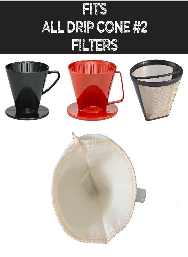 Doppeltree (2-Pack) Reusable Organic Cotton Cone #2 Coffee Filter - Cloth Filters for Coffee Dripper, Pour Over Coffee Dripper & Coffee Makers that Use 2-6 Cup Cone Coffee Filters 