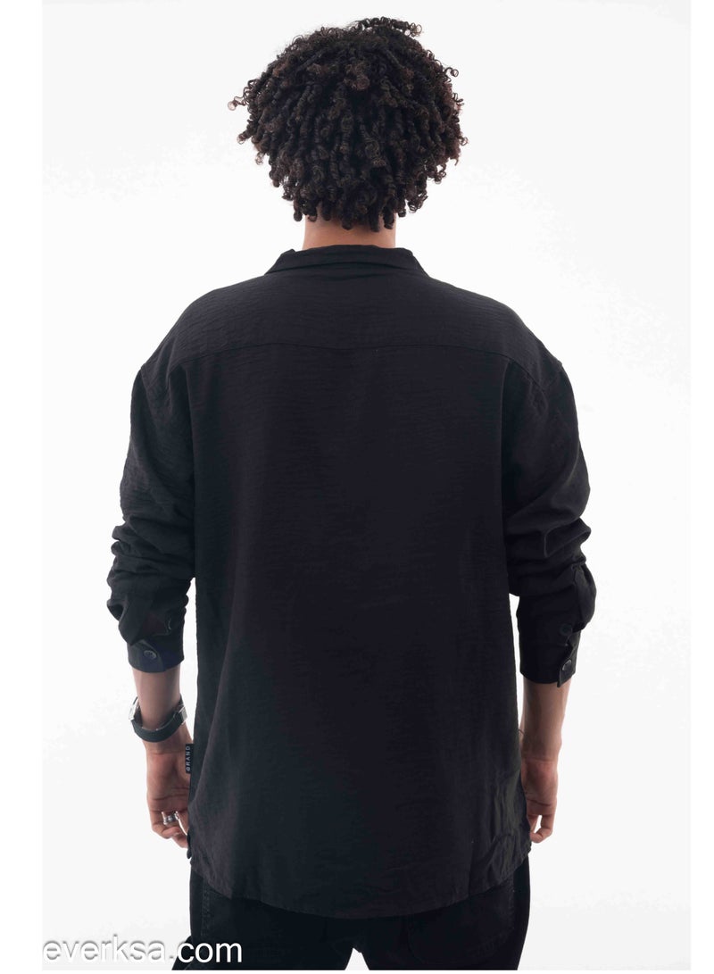 Everest Men's Plain Linen Long Sleeve Black Shirt - Image 2