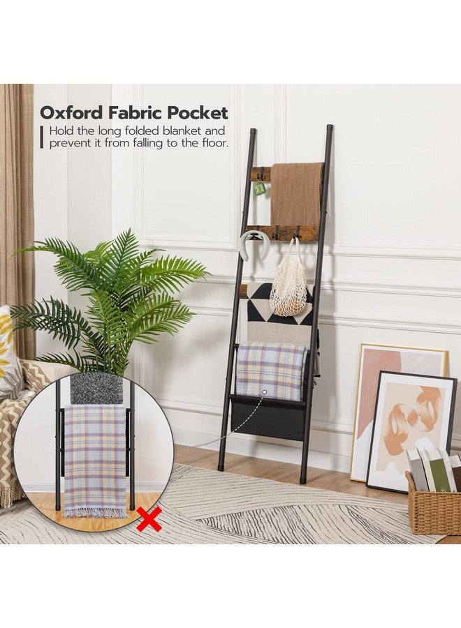 HOOBRO HOOBRO Blanket Ladder, 5 Tier Towel Rack, 17.3" L x 63" H, Wall-Leaning Blanket Rack for Living Room, Decorative Ladder with 4 Hooks and Magazine Pocket, Rustic Brown BF32CJ01 - Image 3
