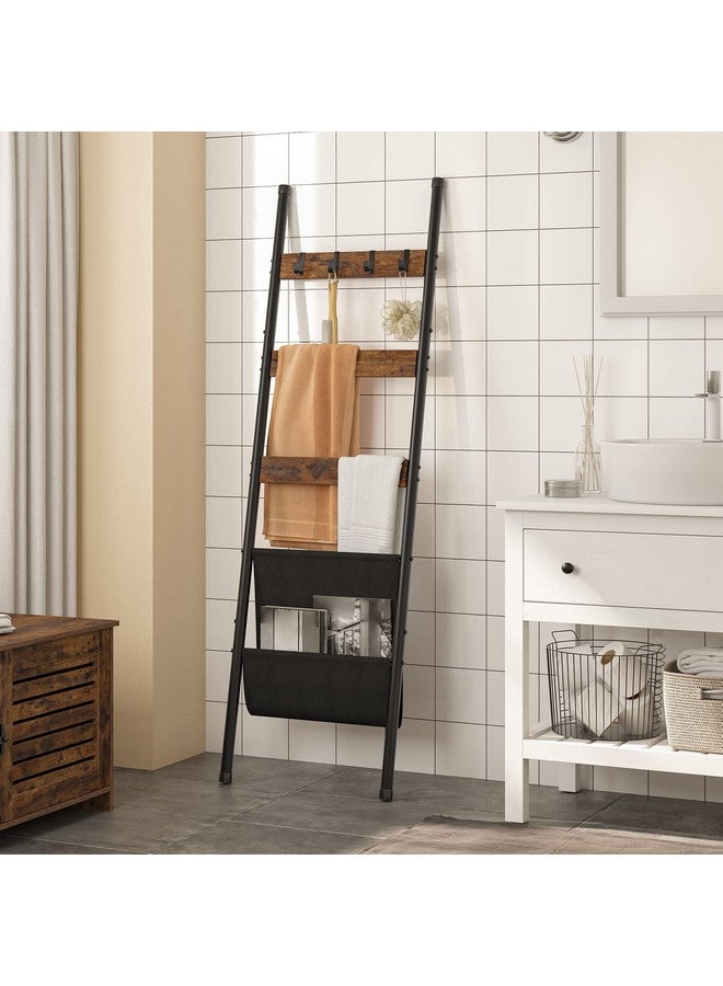 HOOBRO HOOBRO Blanket Ladder, 5 Tier Towel Rack, 17.3" L x 63" H, Wall-Leaning Blanket Rack for Living Room, Decorative Ladder with 4 Hooks and Magazine Pocket, Rustic Brown BF32CJ01 - Image 5