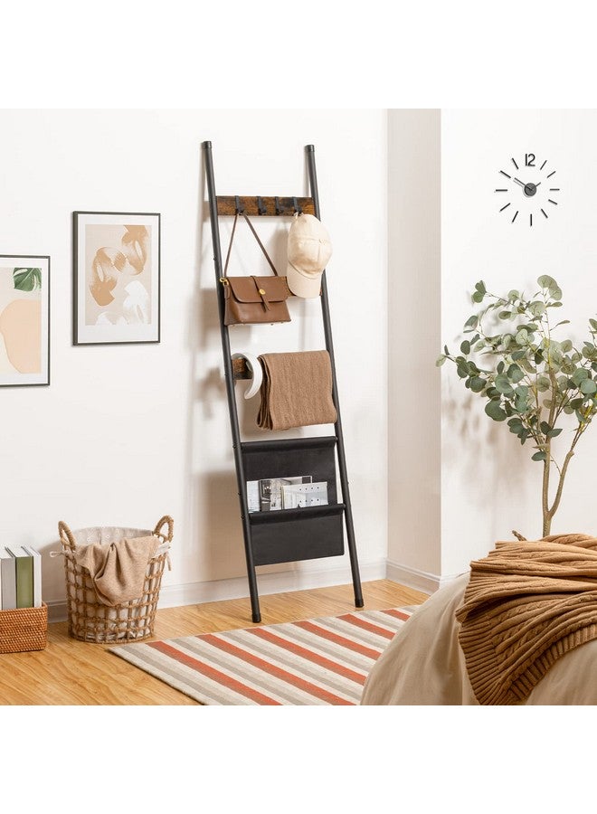 HOOBRO HOOBRO Blanket Ladder, 5 Tier Towel Rack, 17.3" L x 63" H, Wall-Leaning Blanket Rack for Living Room, Decorative Ladder with 4 Hooks and Magazine Pocket, Rustic Brown BF32CJ01 - Image 2