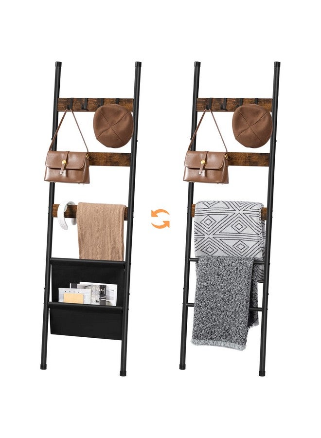 HOOBRO HOOBRO Blanket Ladder, 5 Tier Towel Rack, 17.3" L x 63" H, Wall-Leaning Blanket Rack for Living Room, Decorative Ladder with 4 Hooks and Magazine Pocket, Rustic Brown BF32CJ01 - Image 4