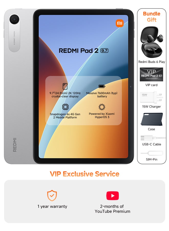Xiaomi REDMI Pad 2 9.7-inch Silver 4GB RAM 128GB WiFi with Cover + Redmi Buds 6 play - Global Version - Image 1