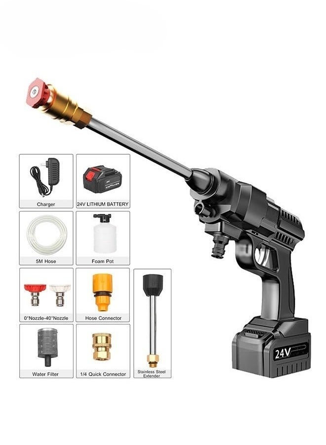 ماكينة غسيل كهربائية لاسلكية تعمل بالضغط العالي، مضخه ضغط لغسيل السيارات ببطارية ليثيوم 24V، ضغط ماء قوي، عمر بطارية طويل الامد، فوهة 4 في1، قارورة صابون، أنبوب مياه طويل، استخدامات متعددة - Image 2