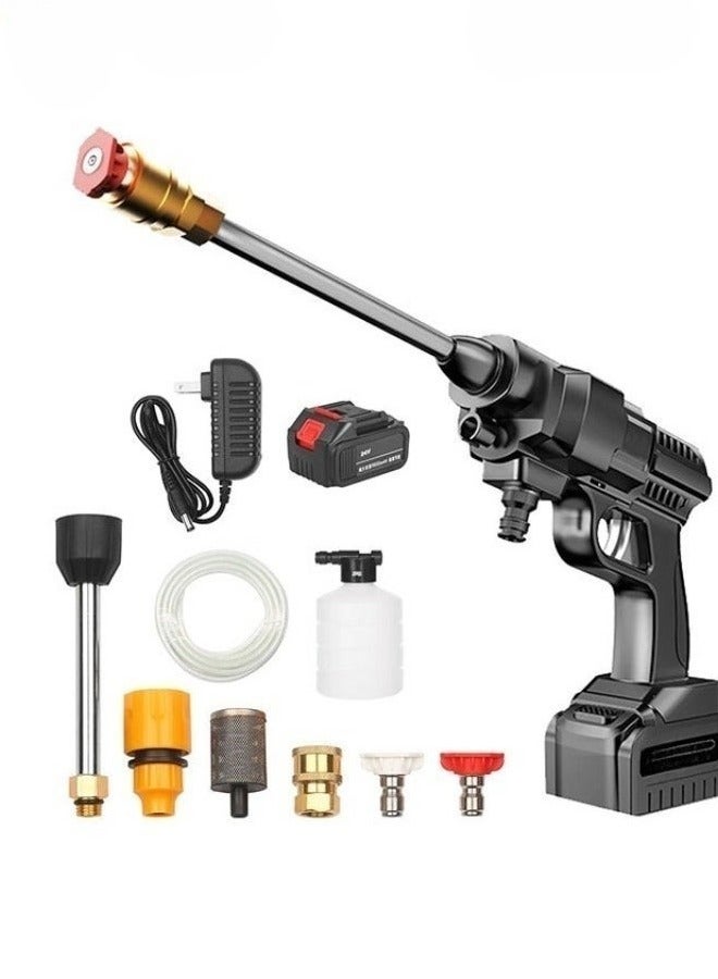 ماكينة غسيل كهربائية لاسلكية تعمل بالضغط العالي، مضخه ضغط لغسيل السيارات ببطارية ليثيوم 24V، ضغط ماء قوي، عمر بطارية طويل الامد، فوهة 4 في1، قارورة صابون، أنبوب مياه طويل، استخدامات متعددة - Image 1
