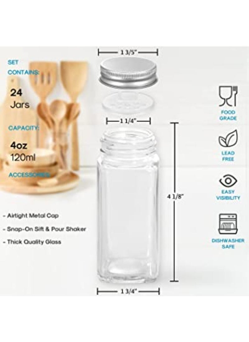 QUESERA - 24Pcs Glass Spice Jars with Spice Labels 4oz Empty Square Spice Bottles Shaker Lids and Airtight Metal Caps   Chalk Marker and Silicone Collapsible Funnel Included - Image 1